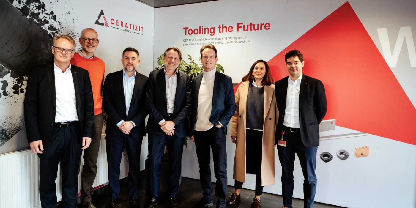 Andreas Olthoff, managing director; Laurent Federspiel, director of Data & AI Plansee Group; Adrien Zoda, director of Global Sales Hard Material Solutions; Thomé Frank, member of the executive Board; Carlo Thelen, director general/CEO, Chamber of Commerce; Carine Maitzner, Business Development Coordinator, Chamber of Commerce; Philippe Alzin, director of Global Sales Private Label Cutting Tools.