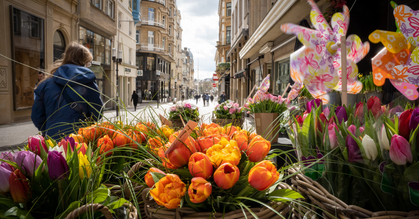 Fleurs fraîches devant un magasin de fleurs -rue commerçante Luxembourg ville