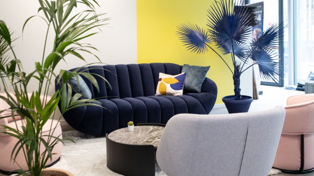 Salle d'attente avec canapé bleu nuit