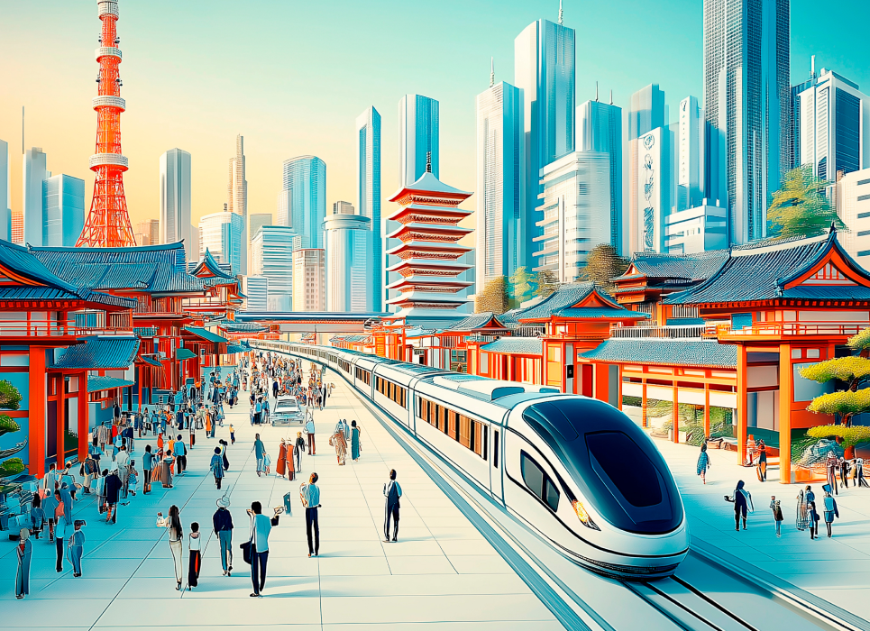 Shinkansen (train à grande vitesse japonais) dans un décor de ville japonaise. Image d'illustration créée par Intelligence arzifivielle.