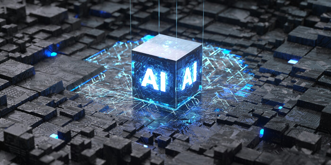 Un cube bleu rétro éclairé indique les lettre AI et se détache sur un fond sombre