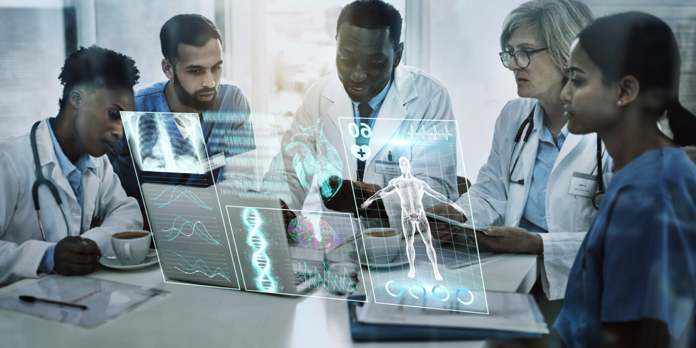 Laptop, team work or doctors in meeting with 3d holographic overlay for anatomy research in hospita.